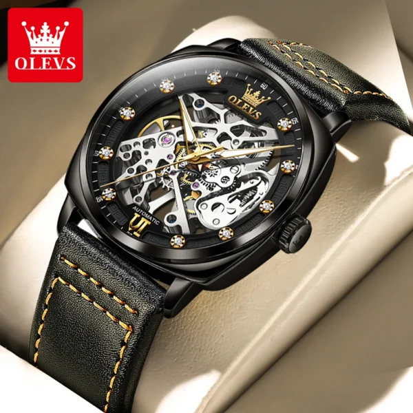 OLEVS Men's Watches Top Brand Hollow Out Automatic Mechanical Wristwatch Waterproof Luminous Leather Strap Watch for Man Fashion 2