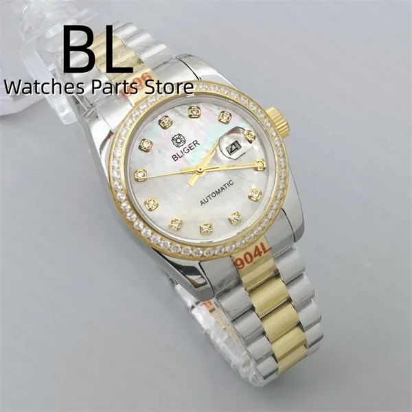 BLIGER 31mm Luxury Women Automatic Watch Two Tone Gold Bracelet Diamond Bezel Sapphire Glass  White Mother Pearl Dial Waterproof 2