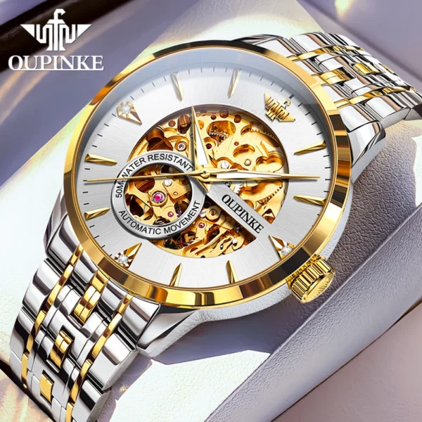 OUPINKE 3308 Skeleton Fashiona Original Mens Watch 50m Waterproof Imported Movement Automatic Mechanical Watch Brand Wrist Watch 1
