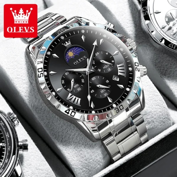 OLEVS Original Moon Phase Men Watches Luminous Skeleton Waterproof Quartz Watch Calendar Chronograph Stainless Steel Wristwatch 1