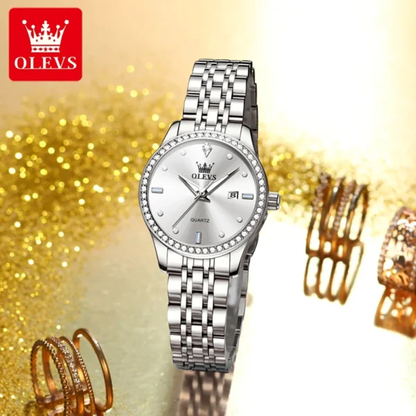 OLEVS Women's Watches Simple Elegant Diamond Bezel Original Quartz Watch for Ladies Waterproof Luminous Date Stainless Steel New 2