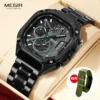 MEGIR Black Quartz Watch Men Waterproof Square Dial Wristwatch with Chronograph Stainless Steel Strap Luminous Hands Auto Date 2
