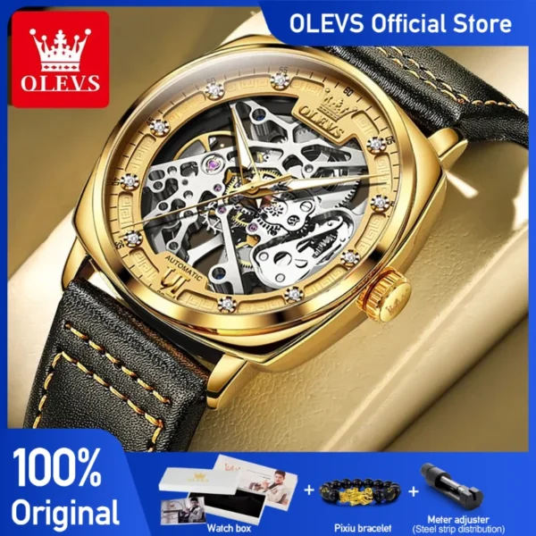 OLEVS Men's Watches Top Brand Hollow Out Automatic Mechanical Wristwatch Waterproof Luminous Leather Strap Watch for Man Fashion 1