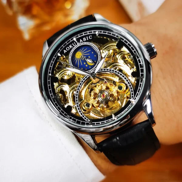 AOKULASIC Tourbillon Mens Watches Top Brand Luxury Skeleton Automatic Mechanical Watch Casual Leather Strap Sun Phase Male Clock 1