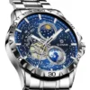 GLENAW Rotating Earth Double Second Hand WristWatch Men Automatic Mechanical Watch Starry Sky Stainless Steel Leather Watchband 1
