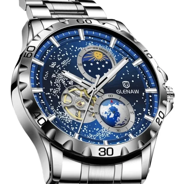 GLENAW Rotating Earth Double Second Hand WristWatch Men Automatic Mechanical Watch Starry Sky Stainless Steel Leather Watchband 1