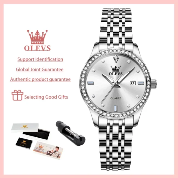 OLEVS Women's Watches Simple Elegant Diamond Bezel Original Quartz Watch for Ladies Waterproof Luminous Date Stainless Steel New 1
