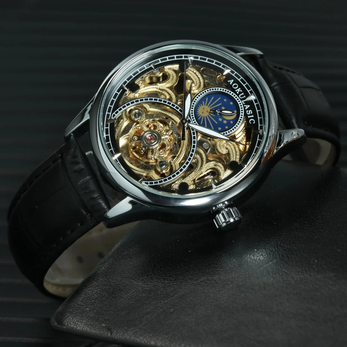 AOKULASIC Tourbillon Mens Watches Top Brand Luxury Skeleton Automatic Mechanical Watch Casual Leather Strap Sun Phase Male Clock 4