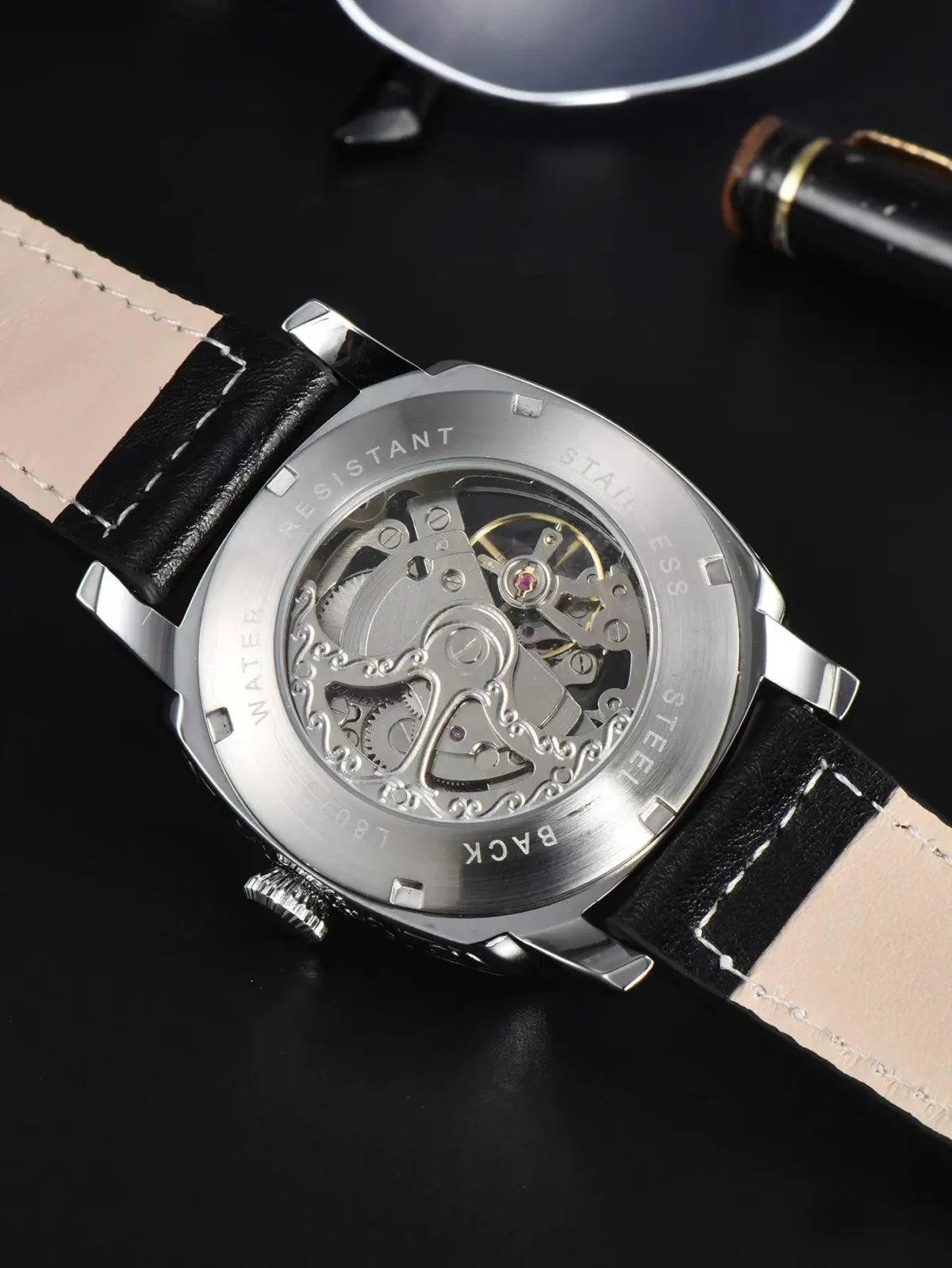 LONGLUX automatic watch retro style wholesale mechanical wristwatches skeleton carve waterproof leather no logo mens watch 4