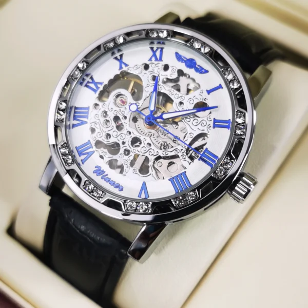 WINNER Fashion Elegant Ladies Watches Top Brand Luxury Iced Out Skeleton Mechanical Watch Luminous Hands Leather Strap Unisex 1