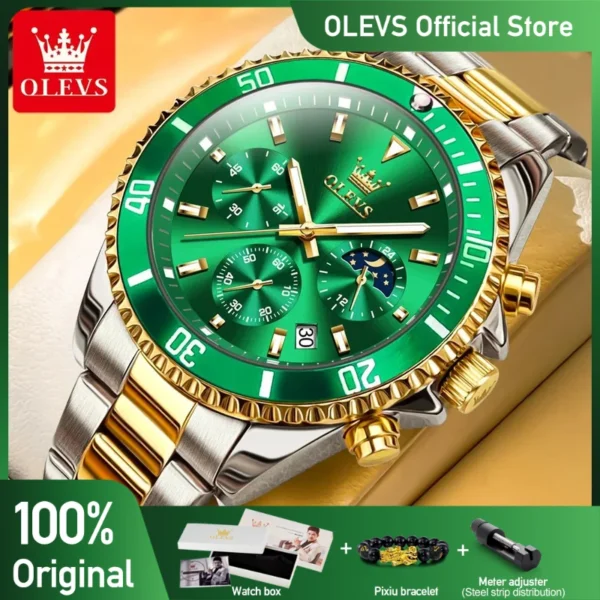 OLEVS Men's Watches Top Brand Luxury Watch for Men Original Waterproof Stainless Steel Chronograph Moon Phase Date Rota Dial 1