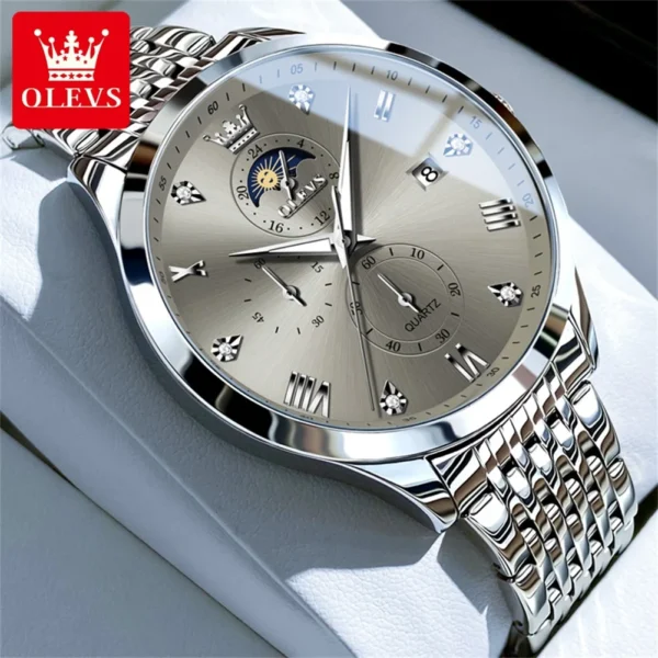 OLEVS Top Brand Men's Watches Business Fashion Original Quartz Watch for Man Grey Dial Moon Phase Date Chronograph Waterproof 2