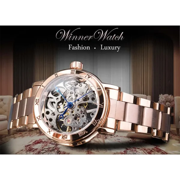 Winner Skeleton Dial Stainless Steel Exquisite Watch Rose Golden Women Fashion Watch Luxury Brand Waterproof Mechanical Clock 2