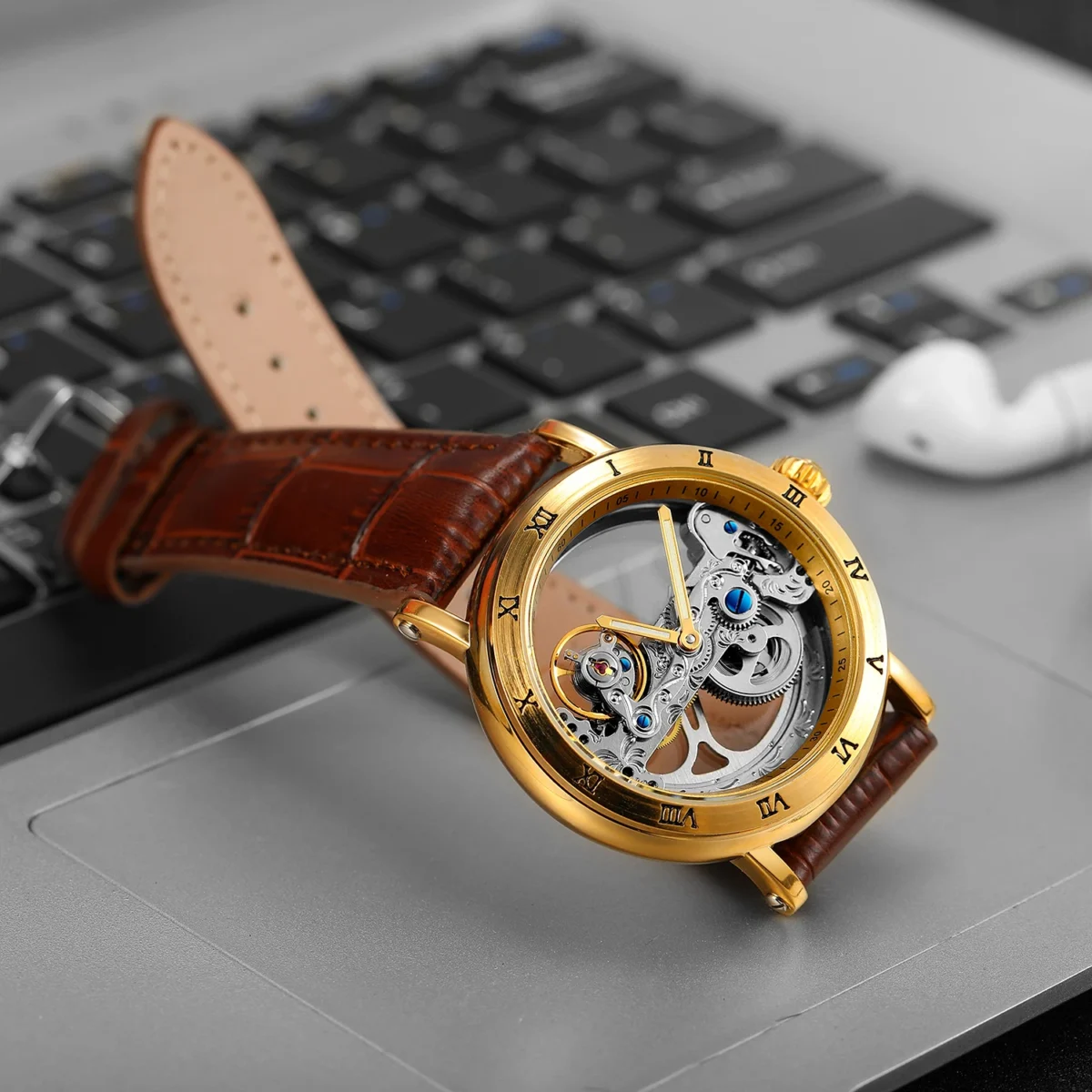 Vintage Mechanical Watches Golden Bridge Skeleton Automatic Mens Watch Luxury Genuine Leather Belt Carved Movement Luminous Hand 3