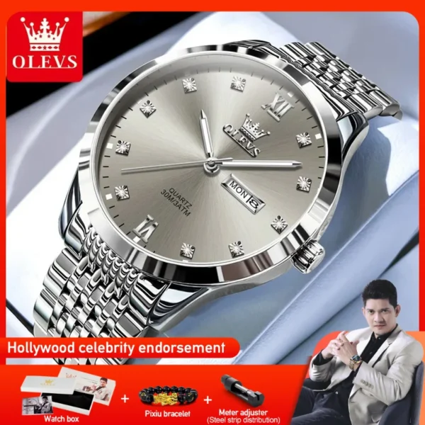 OLEVS 2943 Mens Watch Original Quartz Watch Waterproof Luminous Dual Calendar Display Watch For Men Freebie Mens Gifts Reloj New 1