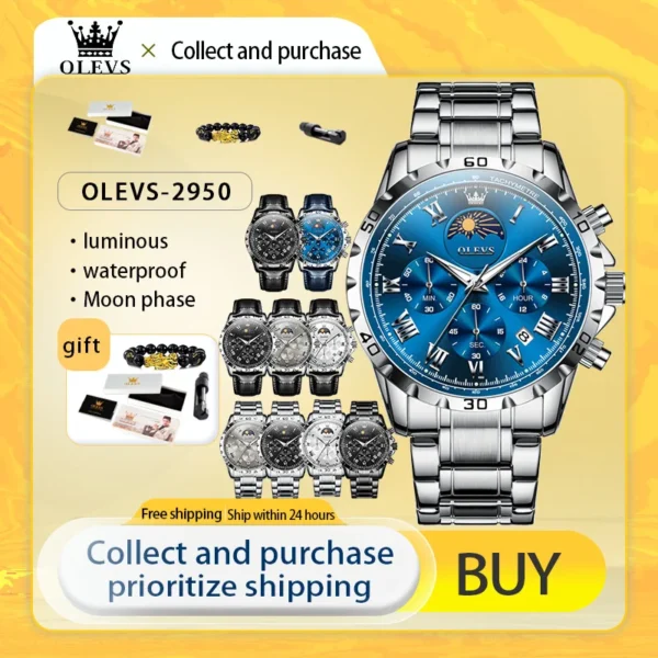 OLEVS Original Luminous Men's Watches Date Chronograph Moon Phase Quartz Watch for Man Waterproof Fashion Skeleton Clock Watch 1