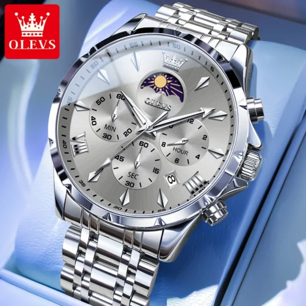OLEVS Luxury Business Men's Watches Moon Phase Chronograph Quartz Watch for Man Stainless steel Calendar Waterproof Wristwatch 1