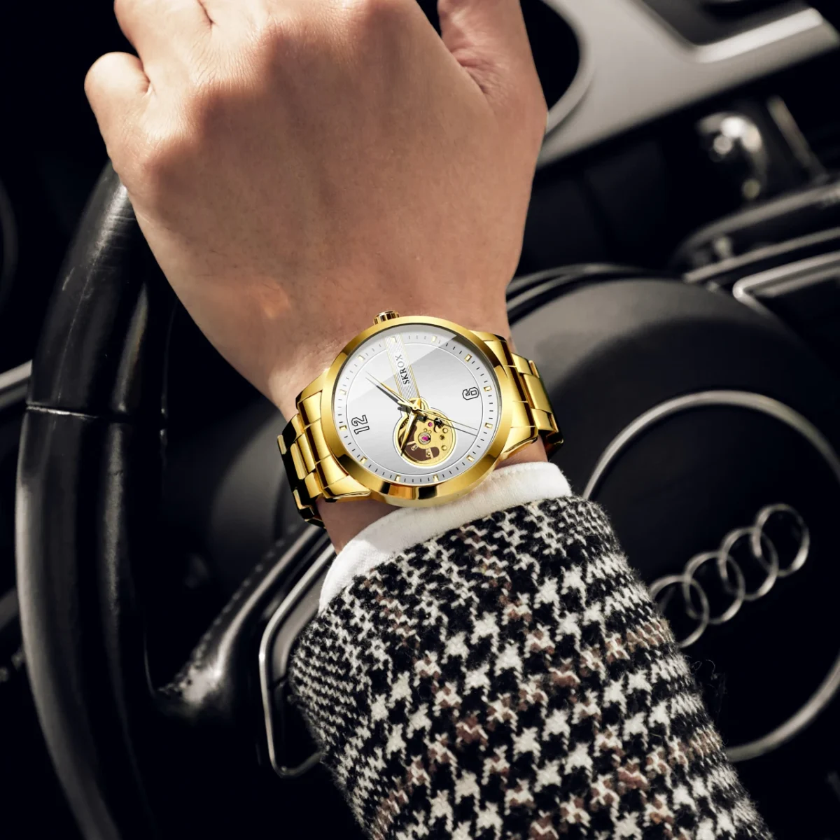 SKROX Original Top Brand Luxury Stainless Steel Skeleton Automatic Movement Male Watch for Men Mechanical Elegant Wrist Watches 4