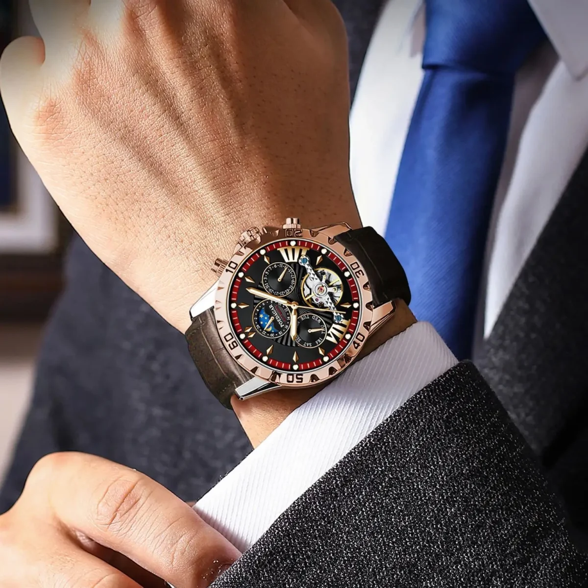 POEDAGAR Tourbillon Automatic Mechanical Wristwatch Waterproof Luminous Date Week Leather Men Watch Luxury Fashion Men's Watches 5