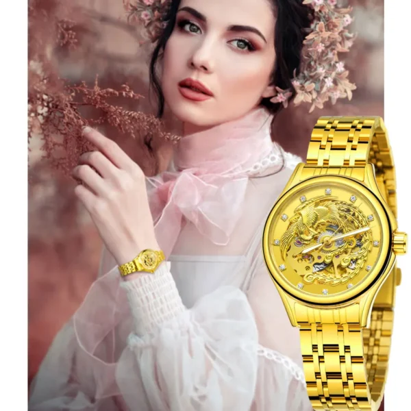 2024 Diamond Steel Skeleton Dial Golden Phoenix Women Fashion Automatic Watch Luxury Waterproof Mechanical Girl Wrist Lady Clock 1