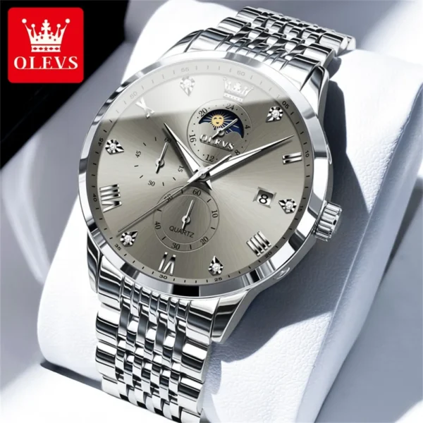 OLEVS Top Brand Men's Watches Business Fashion Original Quartz Watch for Man Grey Dial Moon Phase Date Chronograph Waterproof 1