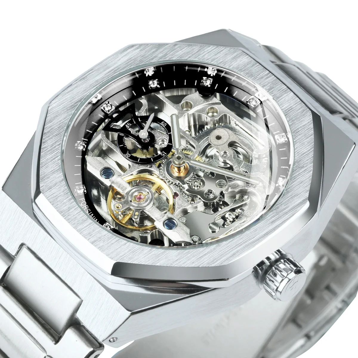 Forsining Silver Automatic Watch Men 3D Diamond Dial Irregular Tourbillon Skeleton Mechanical Wristwatches Luminous Hands Clock 1