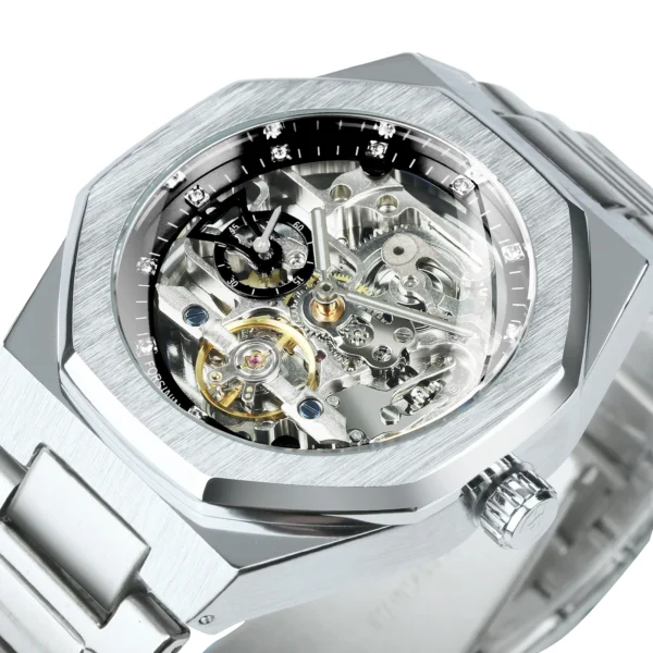 Forsining Silver Automatic Watch Men 3D Diamond Dial Irregular Tourbillon Skeleton Mechanical Wristwatches Luminous Hands Clock 1