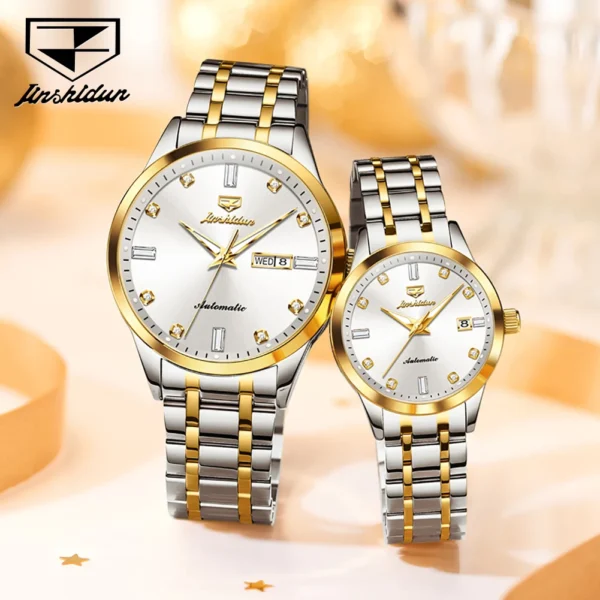 JinShiDun Classics Original Brand Romantic Couple Watch Date Waterproof Automatic Mechanical Watch for Man and Women Luminous 1
