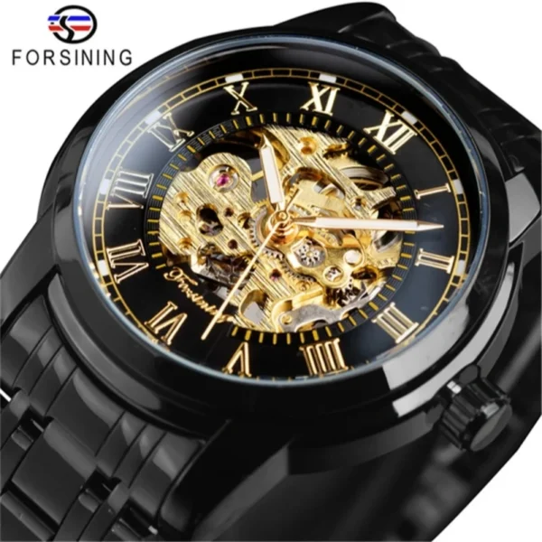 Forsining 349 Luxury Fashion Skeleton Hollow Mechanical Stainless Steel Men Clock Business Wristwatch 1