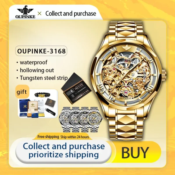 OUPINKE High Quality Men's Watches Waterproof Tungsten Steel Strip Automatic Mechanical Watch Conceptual Hollowing Out Skeleton 1