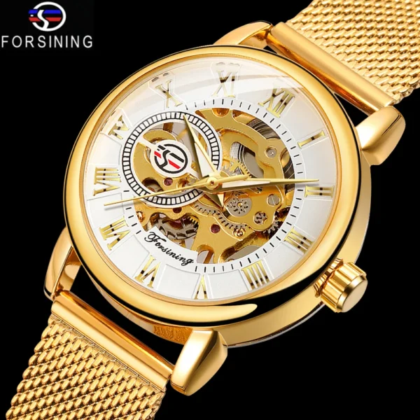 Forsining Elegant Fashion Women's Mechanical Watch Skeleton Movement Roman Luminous Numerals Mesh Strap Female Luxury Wristwatch 1
