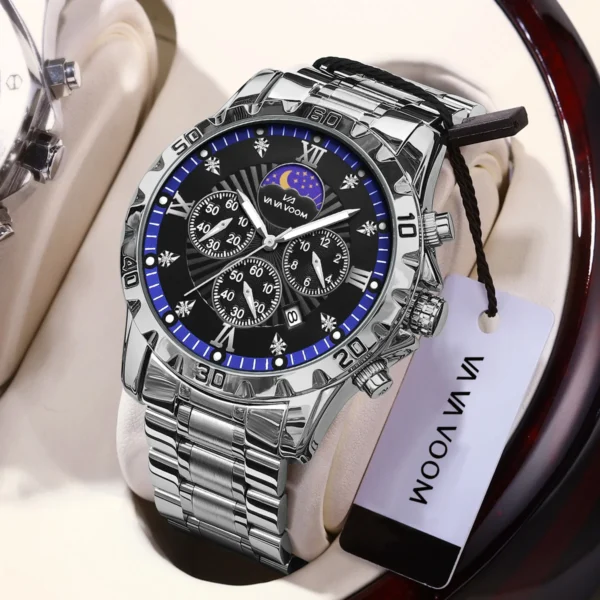 Men Watch US Fast Delivery Multifunctional Luxurious Rhinestone Moonlight Stainless Steel Business Leisure Quartz 1 Set Watches 1