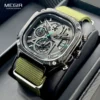 MEGIR Black Quartz Watch Men Waterproof Square Dial Wristwatch with Chronograph Stainless Steel Strap Luminous Hands Auto Date 1