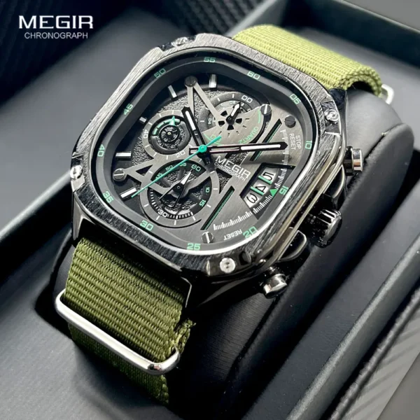 MEGIR Black Quartz Watch Men Waterproof Square Dial Wristwatch with Chronograph Stainless Steel Strap Luminous Hands Auto Date 1