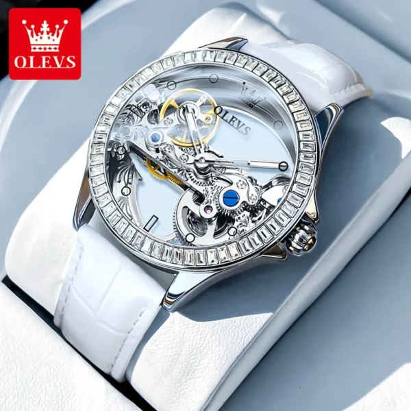 OLEVS Brand New Fashion Skeleton Mechanical Watch for Women Leather Strap Waterproof Transparent Womens Watches Relogio Feminino 1