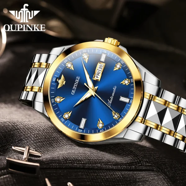 OUPINKE Tungsten Steel Men's Watches Scenic Spot style Automatic Mechanical Watch Dual Calendar Sapphire 50m Waterproof Watch 2