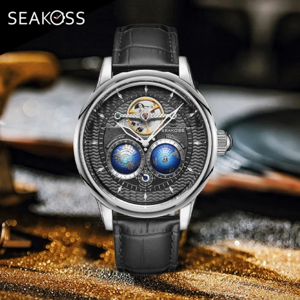 SEAKOSS Men's Mechanical Watch Automatic Movement Clock Male 3D Dual Earth Rotating Waterproof Pilots 1963 Flywheel Wristwatches 1