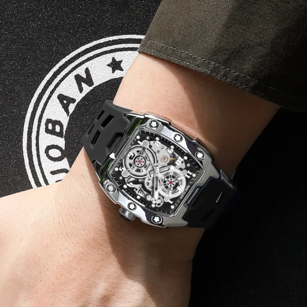 MEGIR Black Silicone Bracelet Men's Mechanical Watch Luxury Automatic Movement Skeleton Men Wristwatch Luminous Hands Watches 2