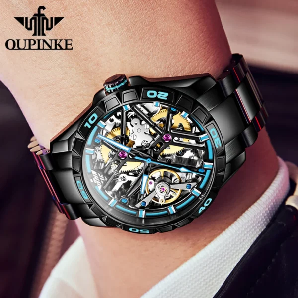 OUPINKE 3196 Blue Watch for Men Original Automatic Movement Deep Waterproof Hollow Out Mechanical Wristwatch Men 2