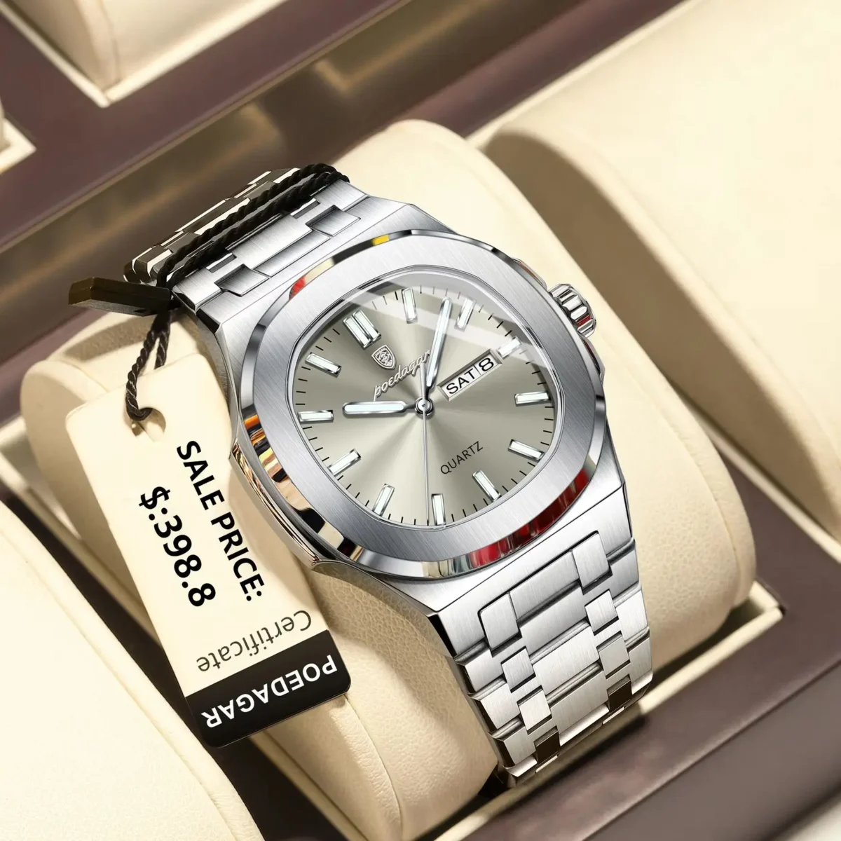 POEDAGAR Luxury Military Man Watch Square Waterproof Luminous Date Week Men Watch Stainless Steel Quartz Men's Watches Reloj+box 1
