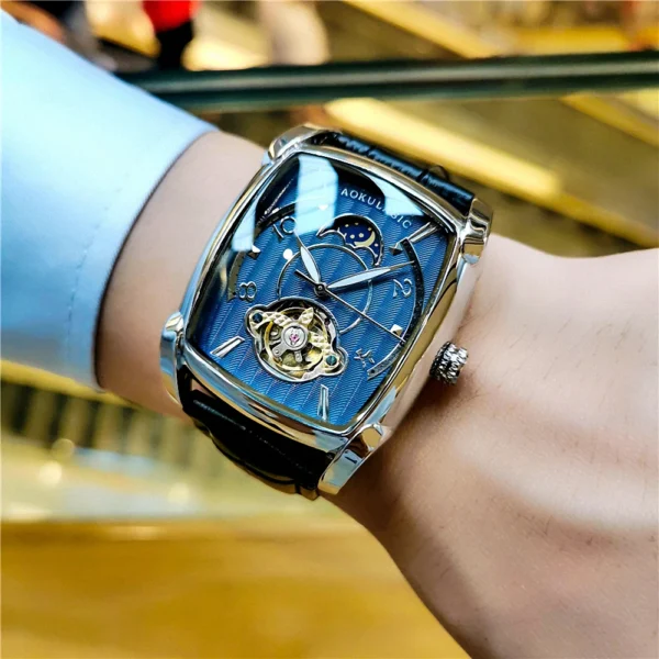 Tonneau Moon Phase Automatic Watch for Men Luxury Brand Tourbillon Skeleton Mechanical Watches Leather Belt Luminous Hands Clock 1