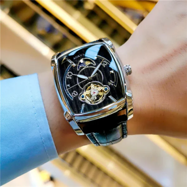 Tonneau Moon Phase Automatic Watch for Men Luxury Brand Tourbillon Skeleton Mechanical Watches Leather Belt Luminous Hands Clock 2