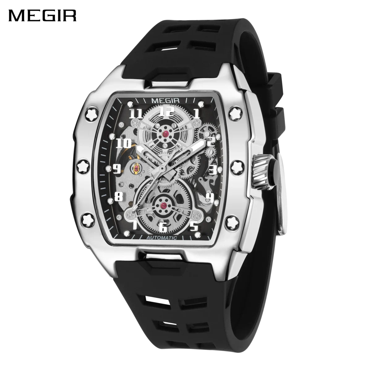 MEGIR Black Silicone Bracelet Men's Mechanical Watch Luxury Automatic Movement Skeleton Men Wristwatch Luminous Hands Watches 1
