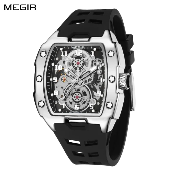 MEGIR Black Silicone Bracelet Men's Mechanical Watch Luxury Automatic Movement Skeleton Men Wristwatch Luminous Hands Watches 1