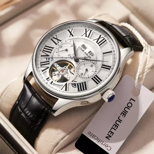 (Full Automatic Mechanical Watch) Men's Multifunctional Watch, Cut Out Perspective Small Plate, Roman Numeral Scale Dial, No Battery Required 1