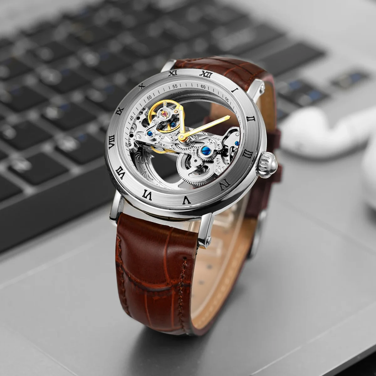 Vintage Mechanical Watches Golden Bridge Skeleton Automatic Mens Watch Luxury Genuine Leather Belt Carved Movement Luminous Hand 5