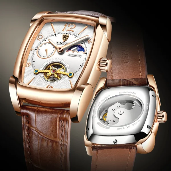 LIGE Fashion Men's Mechanical Wristwatches Top Brand Luxury Leather Square Watch Men Business Sports Tourbillon Watch For Men 1