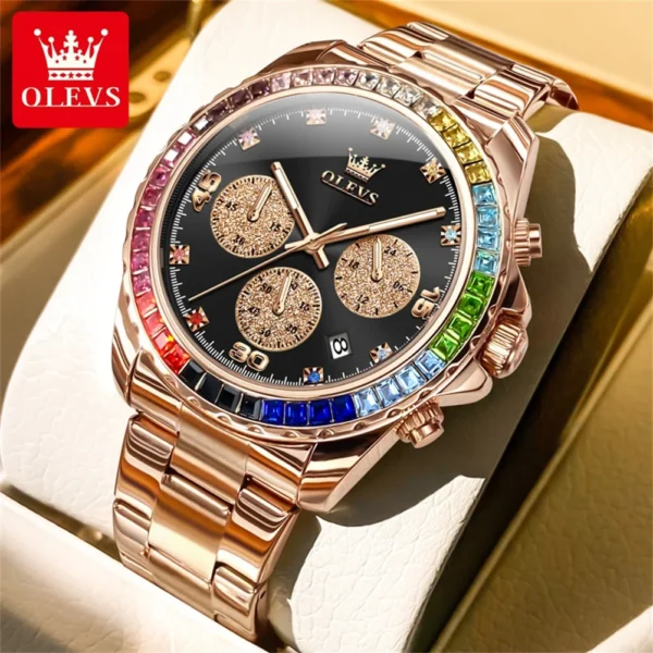 OLEVS Original Luxury Men's Quartz Watches Rainbow Di Diamond Ring Dial Waterproof Luminous Watch for Man Chronograph Calendar 2