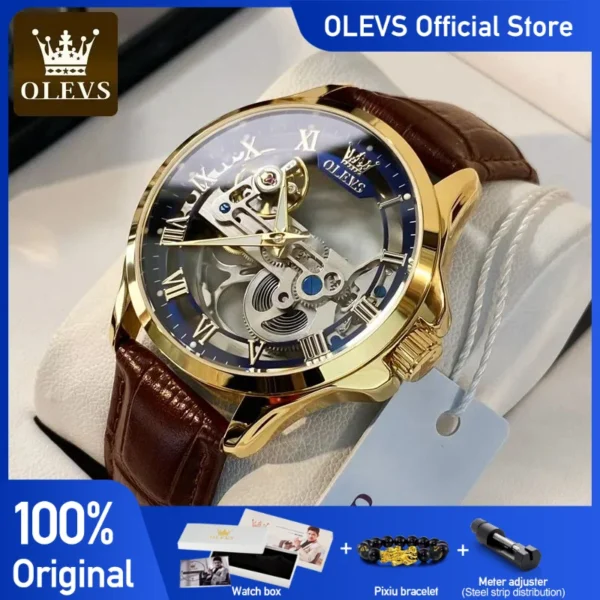 OLEVS Men's Watches Automatic Mechanical Watches Waterproof Leather Strap Top Luxury Men Wristwatch Luminous Gift Box Watch Men 1