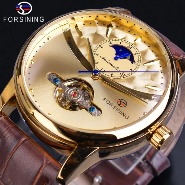 Forsining Moon Phase Automatic Watch Royal Men's Golden Mechanical Wristwatches Casual Genuine Leather Tourbillon Business Clock 1